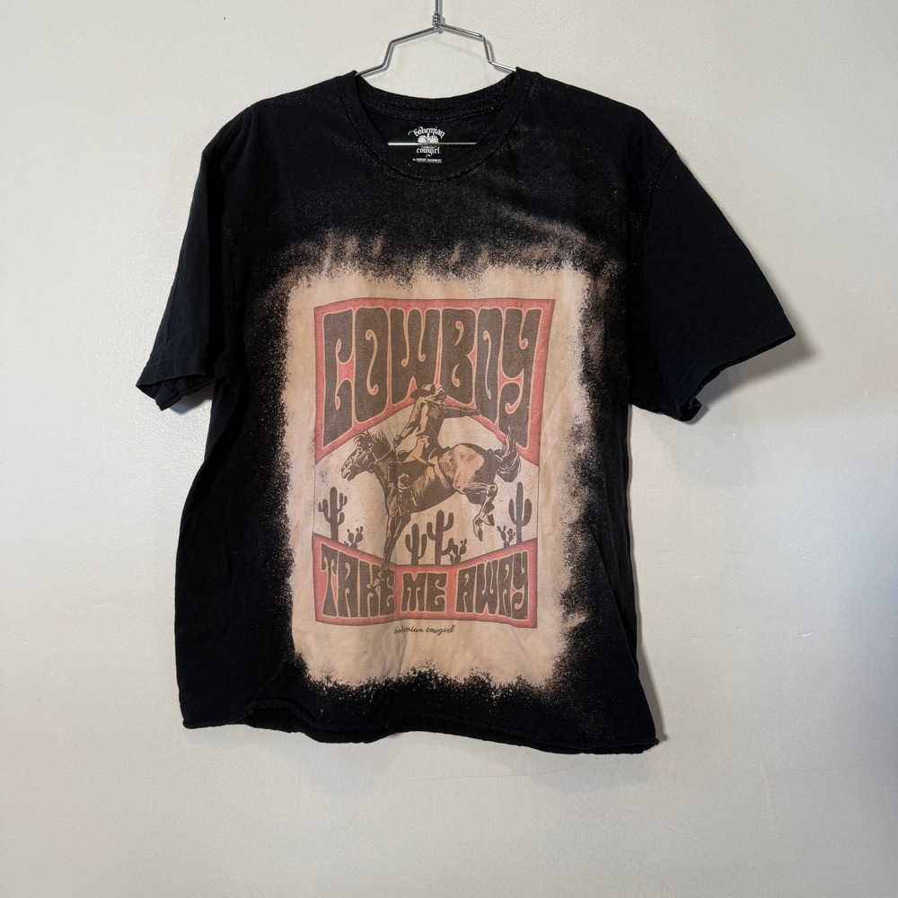 Bohemian Cowgirl Graphic Tee Womens L Black Bleached Cowboy Take Me Away